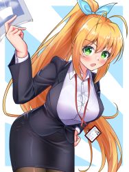 Rule 34 | 1girl, absurdres, antenna hair, blonde hair, blush, bow, breasts, formal, green eyes, hair bow, highres, id card, large breasts, long hair, looking at viewer, maretto, open mouth, pantyhose, pencil skirt, ponytail, skirt, solo, suit, teacher, thighhighs, tsurumaki maki, very long hair, voiceroid