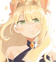Rule 34 | 1girl, bare shoulders, blonde hair, butterfly hair ornament, celine (fire emblem), closed mouth, crown, fire emblem, fire emblem engage, green eyes, hair between eyes, hair ornament, ichgomi, long hair, looking at viewer, nintendo, petals, smile, solo, upper body, white background