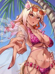 Rule 34 | 1girl, absurdres, animal ears, animal print, bare shoulders, belly chain, bikini, blonde hair, blue sky, blush, bracelet, breasts, cleavage, collarbone, dark-skinned female, dark skin, eyewear on head, fate/grand order, fate (series), fox ears, fox girl, fox tail, gradient hair, highres, jewelry, large breasts, leopard print, long hair, looking at viewer, multicolored hair, nail polish, navel, necklace, open mouth, outstretched arm, palm tree, pink bikini, pink hair, ratoona ab, sash, see-through, sidelocks, sky, solo, sunglasses, suzuka gozen (fate), suzuka gozen (swimsuit rider) (fate), suzuka gozen (swimsuit rider) (second ascension) (fate), swimsuit, tail, tan, tree, v, yellow eyes
