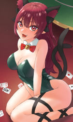 Rule 34 | 1girl, :3, :d, ace (playing card), ace of hearts, alternate hairstyle, animal ears, black ribbon, bow, bowtie, breasts, card, cat ears, cat tail, cleavage, detached collar, extra ears, eyebrows hidden by hair, fang, green leotard, heart, highres, indoors, jack (playing card), jack of spades, kaenbyou rin, ke-su, king (playing card), king of hearts (playing card), leg ribbon, leotard, long hair, looking at viewer, multiple tails, nekomata, open mouth, playing card, pointy ears, red bow, red bowtie, red eyes, red hair, ribbon, seiza, sitting, slit pupils, smile, solo, tail, touhou, two tails, v arms