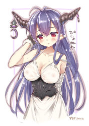 Rule 34 | 10s, 1girl, 2016, antenna hair, arm behind back, bandages, black gloves, blue hair, blush, breasts, cleavage, danua, dated, draph, gloves, granblue fantasy, horns, huge breasts, long hair, nipples, off shoulder, pikazo, pointy ears, red eyes, see-through, solo
