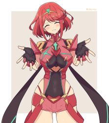 Rule 34 | 1girl, black gloves, blush, breasts, chest jewel, closed eyes, earrings, fingerless gloves, gloves, highres, jewelry, large breasts, mochimochi (xseynao), pyra (xenoblade), red eyes, red hair, red shorts, red thighhighs, short hair, short shorts, shorts, swept bangs, thighhighs, tiara, xenoblade chronicles (series), xenoblade chronicles 2