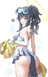 Rule 34 | 1girl, absurdres, animal ears, ass, bare shoulders, black hair, blue archive, blue eyes, breasts, cheerleader, cowboy shot, crop top, dog ears, dog girl, dog tail, eyewear on head, facial mark, from behind, goggles, goggles on head, halo, hibiki (blue archive), hibiki (cheer squad) (blue archive), highres, holding, holding pom poms, looking at viewer, looking back, medium breasts, microskirt, millennium cheerleader outfit (blue archive), miniskirt, panties, pom pom (cheerleading), pom poms, sideboob, simple background, skirt, solo, spoken squiggle, squiggle, star (symbol), star facial mark, star sticker, sticker on arm, sticker on face, tail, text print, underwear, wedgie, white background, yuchae