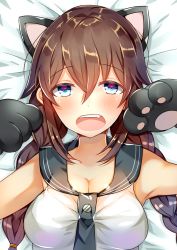 Rule 34 | 10s, 1girl, animal ears, animal hands, bare shoulders, bed sheet, blue eyes, braid, breasts, brown hair, cat ears, cleavage, gloves, hair between eyes, highres, kantai collection, large breasts, long hair, looking at viewer, lying, nan (jyomyon), noshiro (kancolle), on back, open mouth, paw gloves, school uniform, serafuku, shirt, sleeveless, sleeveless shirt, solo, twin braids, upper body