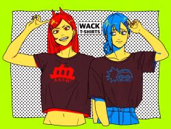Rule 34 | 2girls, arm up, black shirt, blue hair, blue nails, chainsaw man, crop top, cross-shaped pupils, drgryu750, hair ornament, hairclip, halftone, halftone background, higashiyama kobeni, highres, horns, limited palette, long hair, looking at viewer, looking to the side, midriff, mole, mole on cheek, mole under eye, multiple girls, multiple moles, parted lips, power (chainsaw man), red hair, red horns, red nails, sharp teeth, shirt, short hair, short ponytail, side ponytail, single sidelock, smile, symbol-shaped pupils, teeth