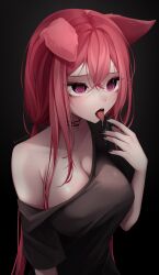 Rule 34 | 1girl, animal ears, black background, breasts, choker, dog ears, dog girl, hair between eyes, highres, hiroside, large breasts, long hair, original, piercing, red eyes, red hair, saliva, solo, tongue, tongue out, tongue piercing, twintails, upper body