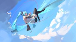 Rule 34 | 1girl, 39, absurdly long hair, aqua eyes, aqua hair, bare shoulders, blue sky, boots, cloud, dutch angle, flying, from behind, from side, hatsune miku, highres, long hair, looking at viewer, peaceablecolt, shoulder tattoo, sky, smile, solo, tattoo, thigh boots, thighhighs, thighs, twintails, very long hair, vocaloid, wide sleeves, zettai ryouiki