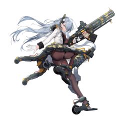 Rule 34 | 1girl, armored legwear, artery gear, artery gear: fusion, artist request, black pantyhose, breasts, gloves, grey eyes, grey hair, gun, hair over one eye, hearin (artery gear), highres, holding, holding gun, holding weapon, long hair, long sleeves, medium breasts, microphone, official art, pantyhose, rigging, roller skates, shirt, skates, third-party source, transparent background, weapon, white gloves, white shirt