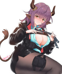 Rule 34 | 1girl, animal ears, areola slip, arknights, artist name, black jacket, black necktie, black pantyhose, blue shirt, blush, breasts, brown eyes, cow ears, cow horns, cow tail, highres, horns, jacket, large breasts, lingshalan, long sleeves, looking at viewer, necktie, open clothes, open jacket, open shirt, pantyhose, pencil skirt, pouch, purple hair, shirt, short hair, sideroca (arknights), skirt, solo, tail, thigh pouch, unbuttoned, unbuttoned shirt