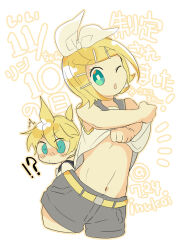 Rule 34 | 1boy, 1girl, 7:24, ^^^, ahoge, aqua eyes, bare arms, bare shoulders, black sailor collar, blonde hair, blush, bow, chibi, clothes lift, flat chest, full-face blush, grey sailor collar, grey shorts, hair bow, hair ornament, hairclip, highres, kagamine len, kagamine rin, lifting own clothes, looking at viewer, midriff, narrow waist, navel, one eye closed, open mouth, puckered lips, sailor collar, shirt, shirt lift, short hair, short ponytail, short sleeves, shorts, sleeveless, sleeveless shirt, surprised, translation request, undressing, vocaloid, white bow, white shirt