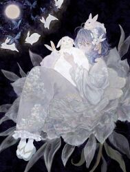 Rule 34 | black background, blue eyes, blue hair, bug, butterfly, ciel (kamitsubaki studio), dress, expressionless, floral print, flower, hair flower, hair ornament, hairband, highres, holding moon, insect, kamitsubaki studio, light blue hair, medium hair, moon, hugging object, oversized flower, rabbit, rabbit hair ornament, reclining, sandals, shirone (coxo ii), sitting, virtual youtuber, white dress, white flower, wide sleeves