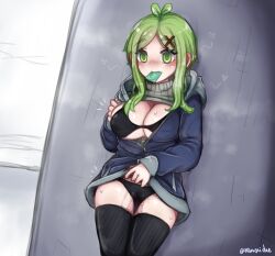 Rule 34 | 1girl, ahoge, artist name, bikini, blush, breasts, cleavage, clothes lift, condom, condom in mouth, condom wrapper, empty eyes, female focus, green eyes, green hair, heavy breathing, highres, hood, hoodie, large breasts, mouth hold, ndawjaidee, original, panties, ramune (ndawjaidee), short hair, solo, standing, sweat, sweater, swimsuit, thighhighs, twitter username, underwear, wet, wet clothes, wet panties