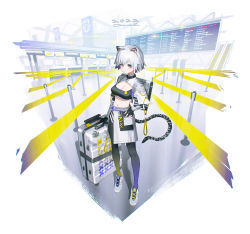 Rule 34 | 1girl, 2022, absurdres, airport, animal ears, animal print, backpack, bag, black choker, black gloves, black thighhighs, blue thighhighs, blush, breasts, chinese zodiac, choker, cleavage, cleavage cutout, closed mouth, clothing cutout, diffraction spikes, escalator, eyelashes, fingerless gloves, glint, gloves, gradient clothes, gradient legwear, grey bag, grey hair, hair between eyes, hand on own hip, highres, indoors, jewelry, looking at viewer, luggage, multicolored hair, navel, o-ring, o-ring choker, original, patterned, purple eyes, purple hair, reoen, ring, rolling suitcase, shoes, short hair, signature, sneakers, solo, sticker, suitcase, tail, thighhighs, tiger ears, tiger girl, tiger print, tiger tail, turtleneck, x, year of the tiger, yellow thighhighs