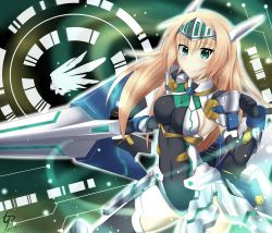 Rule 34 | 1girl, blonde hair, blush, bodysuit, breasts, cleavage, green background, green eyes, guardian-panda, hair ornament, helm, helmet, highres, holding, holding sword, holding weapon, large breasts, long hair, looking at viewer, navel, original, smile, solo, sword, thighhighs, weapon
