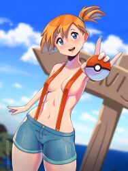 Rule 34 | 1girl, adapted costume, asymmetrical hair, bare legs, blue eyes, blue shorts, blue sky, blush, breasts, cloud, cowboy shot, creatures (company), day, denim, denim shorts, game freak, gym leader, hair between eyes, highres, kagato007, legs, looking at viewer, medium breasts, misty (pokemon), navel, nintendo, open mouth, orange hair, outdoors, pokemon, pokemon (anime), pokemon (classic anime), ponytail, short hair, short ponytail, short shorts, shorts, side ponytail, sky, smile, solo, standing, stomach, suspender shorts, suspenders, thighs, tight clothes, topless, wide hips