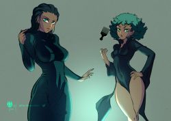 Rule 34 | 2girls, absurdres, afro, alternate hair length, alternate hairstyle, alternate skin color, breasts, comb, commentary, covered navel, dark-skinned female, dark skin, dreadlocks, dress, earrings, english commentary, floating hair, forehead, fubuki (one-punch man), green eyes, green hair, grey background, hand on own hip, height difference, highres, hoop earrings, jewelry, large breasts, legs together, long sleeves, looking at viewer, medium hair, monster wolf, multiple girls, no panties, one-punch man, pelvic curtain, popped collar, short hair, siblings, side slit, sisters, sleeves past wrists, small breasts, tatsumaki, taut clothes, taut dress, telekinesis, thighs, turtleneck, turtleneck dress, very dark skin, wide sleeves