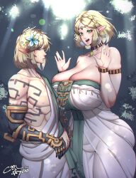 Rule 34 | 1boy, 1girl, absurdres, bare shoulders, blonde hair, blue eyes, breasts, bursting breasts, cleavage, collar, collarbone, coolpsyco, dress, earrings, elf, eyelashes, flower, forest, green eyes, hair flower, hair ornament, half-closed eyes, headgear, heart, highres, huge breasts, jewelry, link, looking at viewer, magatama, magatama necklace, muscular, muscular male, nature, necklace, nintendo, open mouth, outdoors, pointy ears, princess zelda, shiny skin, short hair, size difference, skindentation, smile, standing, sweatdrop, tall female, the legend of zelda, the legend of zelda: tears of the kingdom, w arms, white dress, wide hips
