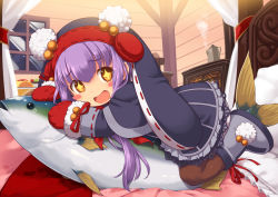 Rule 34 | + +, 1girl, :d, bed, black pantyhose, blush stickers, boots, brown eyes, capelet, drooling, eco penpen alma, emil chronicle online, fish, hat, highres, inou shin, long hair, mittens, open mouth, pantyhose, pepen alma, pillow, purple hair, puzzle &amp; dragons, red mittens, ribbon-trimmed headwear, ribbon-trimmed sleeves, ribbon trim, smile, solo, tea kettle, teapot, window, winter clothes
