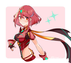 Rule 34 | 1girl, absurdres, black gloves, blush, breasts, chest jewel, closed mouth, drop earrings, earrings, fingerless gloves, gem, gloves, highres, jewelry, looking at viewer, medium breasts, pyra (xenoblade), reason3 s, red eyes, red hair, red shorts, short hair, shorts, solo, swept bangs, tiara, xenoblade chronicles (series), xenoblade chronicles 2