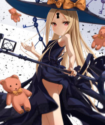 Rule 34 | 1girl, abigail williams (fate), ass, bare shoulders, black bow, black dress, black hat, blonde hair, bow, breasts, closed mouth, dress, fate/grand order, fate (series), forehead, hat, highres, key, keyhole, long hair, looking at viewer, multiple bows, orange bow, parted bangs, red eyes, sakazakinchan, small breasts, smile, staff, stuffed animal, stuffed toy, teddy bear, thighs, witch hat