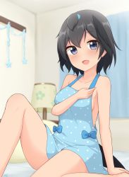 Rule 34 | 1girl, :d, absurdres, alternate costume, bare arms, bare shoulders, black eyes, black hair, blue bow, blue dress, blurry, blurry background, bow, breasts, collarbone, commentary request, depth of field, dress, highres, indoors, kemono friends, knee up, lamp, looking at viewer, medium breasts, open mouth, polka dot, polka dot dress, shiraha maru, sitting, sleeveless, sleeveless dress, smile, solo, superb bird-of-paradise (kemono friends)