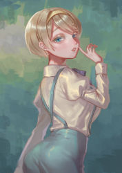 Rule 34 | 1girl, arm at side, ass, axis powers hetalia, blonde hair, blue background, blue eyes, blue pants, breasts, collared shirt, cowboy shot, eyelashes, finger to mouth, from behind, hair ornament, hairband, hairclip, half-closed eyes, hand up, hatake hukuro, highres, index finger raised, juliet sleeves, large breasts, long sleeves, looking at viewer, looking back, neck ribbon, pants, parted lips, puffy sleeves, purple ribbon, ribbon, shirt, short hair, shushing, solo, suspenders, ukraine (hetalia), white shirt, x hair ornament