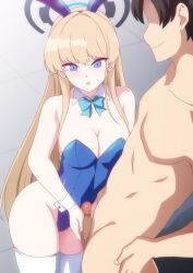 Rule 34 | 1boy, 1girl, animal ears, blonde hair, blue archive, blue eyes, blue halo, blue leotard, bow, bowtie, breasts, censored, cleavage, clothed female nude male, commentary request, detached collar, fake animal ears, halo, handjob, hara (harayutaka), highres, leotard, long hair, medium breasts, mosaic censoring, nude, official alternate costume, penis, playboy bunny, rabbit ears, strapless, strapless leotard, thighhighs, toki (blue archive), toki (bunny) (blue archive), white thighhighs, wrist cuffs