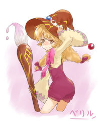 Rule 34 | 1girl, beryl benito, blonde hair, blush, braid, brown eyes, brush, character name, cropped legs, freckles, hat, leaning forward, long hair, looking at viewer, looking back, overall shorts, overalls, ribbon, simple background, smile, solo, tales of (series), tales of hearts, translated, twin braids, white background, wide sleeves, witch hat