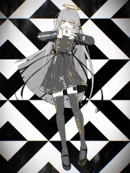 Rule 34 | 1girl, amaneryuusei, barcode, black footwear, black ribbon, blunt bangs, body writing, bodypaint, clothes writing, commentary request, covered mouth, diagonal stripes, dress, empty eyes, full body, grey dress, grey hair, grey thighhighs, hair ornament, halo, covering own mouth, highres, long hair, long sleeves, looking at viewer, nail polish, original, pleated dress, print dress, print thighhighs, ribbon, shoes, sleeve cuffs, solo, spot color, standing, striped, thighhighs, ungray days (vocaloid), very long hair, vocaloid, yellow eyes, yellow nails, zettai ryouiki