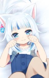 Rule 34 | absurdres, aged down, animal ears, blue eyes, blue hair, blunt bangs, blurry, blush, cat ears, child, commentary, english commentary, fang, fang out, gawr gura, gawr gura (casual), highres, hololive, hololive english, jagaimonojaga, legs, light blue hair, long hair, looking at viewer, multicolored hair, nyan, overalls, paw pose, shirt, smile, solo, streaked hair, virtual youtuber, white hair, white shirt