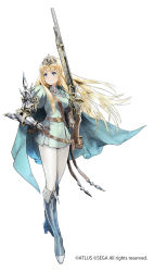 Rule 34 | 1girl, armor, belt, belt buckle, blonde hair, blue eyes, blue footwear, boots, breasts, buckle, cape, closed mouth, copyright name, determined, diadem, dress, english text, eruca, floating hair, full body, gauntlets, gloves, gun, hand on own hip, high heel boots, high heels, highres, holding, holding gun, holding weapon, jacket, jewelry, knee boots, long hair, looking to the side, medium breasts, necklace, official art, pants, princess, radiant historia, rifle, serious, simple background, solo, standing, very long hair, weapon, white background, white pants