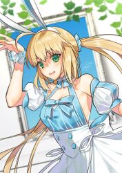Rule 34 | 1girl, ahoge, animal ears, artoria caster (fate), artoria caster (swimsuit) (fate), artoria caster (swimsuit) (second ascension) (fate), artoria pendragon (fate), bare shoulders, blonde hair, blue dress, blush, buttons, commentary request, detached sleeves, dress, fake animal ears, fate/grand order, fate (series), green eyes, long hair, looking at viewer, puffy sleeves, rabbit ears, rkp, signature, solo, twintails, two-tone dress, very long hair, white dress