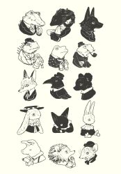 Rule 34 | animal, animal focus, ascot, bear, bird, bow, bowtie, buttons, cane, cat, choker, closed eyes, clothed animal, collared dress, collared jacket, collared shirt, collared vest, crocodile, crocodilian, cropped shoulders, cropped torso, crossed arms, crow, cup, dress, expressionless, facial hair, fox, frilled choker, frilled sleeves, frills, frog, goat, hand on own chin, hat, head on arm, hedgehog, high collar, highres, holding, holding cane, holding cup, horizontal pupils, iguana, jacket, lapels, layered sleeves, long sleeves, mini hat, mini top hat, monocle, mouse (animal), mouth hold, mustache, neck ribbon, no humans, notched lapels, open clothes, open jacket, original, own hands together, pig, polka dot, polka dot jacket, rabbit, ribbon, round eyewear, scarf, sharp teeth, shirt, simple background, slit pupils, smoking pipe, snake, teacup, teeth, tono (rt0no), top hat, traditional bowtie, vest, whiskers, white background