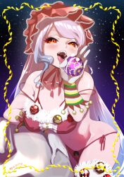 Rule 34 | 1girl, :d, alternate costume, bare shoulders, bikini, blush, fangs, fur trim, grey hair, hand up, holding, leaning forward, long hair, masiro, navel, open mouth, overlord (maruyama), red bikini, red eyes, shalltear bloodfallen, shiny skin, skull, smile, solo, star (symbol), starry background, stomach, swimsuit, tongue, tongue out