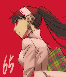 Rule 34 | 1girl, absurdres, bag, black hair, breasts, earrings, endou tatsuya, from side, frown, hairband, highres, jacket, jewelry, long hair, looking ahead, medium breasts, plaid bag, ponytail, red background, red eyes, solo, spy x family, white hairband, white jacket, yor briar