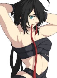 Rule 34 | 10s, 1girl, adjusting hair, ahoge, armpits, arms behind head, arms up, black hair, blue eyes, breasts, cleavage, commentary request, fletch, gloves, hands up, kako (kancolle), kantai collection, long hair, looking at viewer, mouth hold, neko majin, ribbon, sarashi, simple background, solo, tying hair, white background