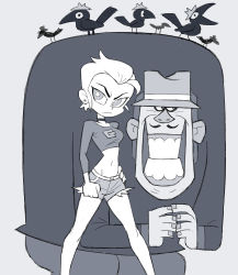 Rule 34 | 1boy, 1girl, absurdres, bird, breasts, bright pupils, choker, commentary, crop top, crow, earrings, english commentary, exposed pocket, facial hair, fedora, feet out of frame, frown, grey background, greyscale, grin, groin, hat, highres, jewelry, legs apart, long sleeves, looking at viewer, looking away, matthieu cousin, midriff, monochrome, mustache, navel, original, shirt, short hair, short shorts, shorts, sketch, smile, standing, stud earrings, torn clothes