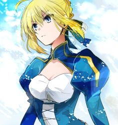 Rule 34 | 1girl, artoria pendragon (all), artoria pendragon (fate), blonde hair, blue eyes, breasts, cleavage, closed mouth, fate/stay night, fate (series), floating hair, hair between eyes, saber (fate), short hair, shrug (clothing), shumiko (kamenokoueki), sketch, small breasts, solo, upper body, v-shaped eyebrows