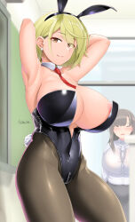Rule 34 | 2girls, animal ears, areola slip, armpits, arms behind head, black hair, black pantyhose, blonde hair, blush, breasts, brown eyes, cleavage, covered navel, detached collar, earrings, fake animal ears, highres, jewelry, large breasts, leotard, looking at viewer, multiple girls, necktie, open mouth, original, pantyhose, playboy bunny, puffy nipples, rabbit ears, rabbit tail, saizu nitou gunsou, short hair, smile, tail