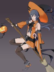 Rule 34 | 1girl, bare shoulders, black thighhighs, blue hair, broom, broom riding, closed umbrella, cosplay, dress, fingerless gloves, fire emblem, fire emblem fates, fire emblem heroes, full body, garter straps, gloves, gradient background, grey background, hat, highres, jack-o&#039;-lantern, long hair, mia (fire emblem), mia (fire emblem) (cosplay), nintendo, oboro (fire emblem), ponytail, solo, thighhighs, umbrella, v-shaped eyebrows, witch hat