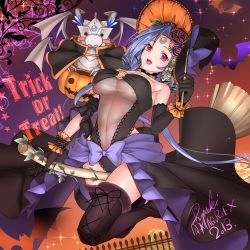 Rule 34 | 1girl, bat (animal), black gloves, black thighhighs, blue hair, blush, boots, bow, breasts, broom, broom riding, cameltoe, curly hair, dragon, flower, gloves, halloween, halloween costume, hat, large breasts, leotard, navel, open mouth, original, pink hair, ryuki@maguro-ex, smile, solo, sparkle, text focus, thigh boots, thighhighs, trick or treat, witch, witch hat