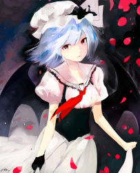 Rule 34 | 1girl, alternate costume, bat wings, blue hair, clothes lift, dress, dress lift, female focus, hat, mrfatso, petals, red eyes, remilia scarlet, solo, touhou, wings