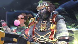 Rule 34 | 1boy, 1girl, absurdres, apex legends, brown eyes, caustic (apex legends), chewing gum, chinese commentary, dark-skinned female, dark skin, facial mark, forehead mark, gloves, green eyes, grey gloves, hair behind ear, hair slicked back, hammer, highres, holding, holding hammer, holding wrench, mask, official alternate costume, ponytail, prince of darkness caustic, rampart (apex legends), reborns, v-shaped eyebrows, wrench