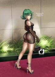 Rule 34 | 1girl, ass, bag, blush, breasts, choker, curly hair, curvy, earrings, elbow gloves, female focus, full body, gloves, green eyes, green hair, handbag, high heels, highres, huge ass, jewelry, linkartoon, looking at viewer, matching hair/eyes, one-punch man, petite, sandals, see-through, shiny skin, short hair, small breasts, solo, stiletto heels, tatsumaki, text focus, thong, toes, wide hips