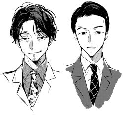 Rule 34 | 2boys, closed mouth, collared shirt, commentary request, cropped shoulders, dress shirt, facial hair, forehead, formal, greyscale, highres, jacket, looking at viewer, male focus, messy hair, monochrome, multiple boys, necktie, original, print necktie, ryuushi, shirt, short hair, simple background, stubble, suit, suit jacket, unamused, very short hair, white background