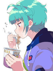 Rule 34 | 1girl, ahoge, blue hair, blunt bangs, blush, commentary request, cup, drawstring, eating, food in mouth, fork, from side, hands up, highres, holding, holding cup, holding fork, hood, hood down, hoodie, looking down, messy hair, nissin cup noodle, omega auru, pink eyes, pretty series, profile, purple hoodie, short hair, simple background, solo, sweatdrop, translation request, tsujii luki, upper body, waccha primagi!, white background