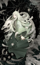 Rule 34 | 1boy, animal skeleton, beartoris, black background, blunt ends, broken, brown jacket, chinese clothes, closed mouth, coat, copyright name, copyright notice, dragon, dragon boy, dragon horns, food fantasy, from side, full body, green coat, green eyes, green hair, green robe, hanfu, highres, horns, jacket, long hair, long sleeves, longjing tea (food fantasy), looking at viewer, looking to the side, official art, parted bangs, patterned clothing, robe, shards, smile, tangzhuang, tassel, very long hair, wide sleeves