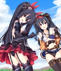 Rule 34 | 2girls, ass, bare shoulders, black dress, black hair, black panties, blush, boots, breasts, clothes lift, dress, elbow gloves, embarrassed, fingerless gloves, garter straps, gloves, hair ribbon, joney, long hair, looking at viewer, looking back, medium breasts, multiple girls, neptune (series), noire (neptunia), panties, pantyshot, red eyes, ribbon, shiny skin, skirt, skirt lift, thigh boots, thighhighs, twintails, underwear, uni (neptunia), very long hair