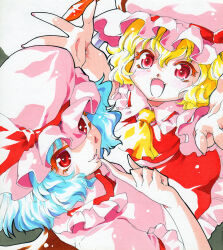 Rule 34 | 2girls, ascot, blonde hair, blue hair, blush, collared shirt, fangs, flandre scarlet, frilled shirt collar, frilled skirt, frills, hair between eyes, hat, hat ribbon, long hair, mizuki hitoshi, mob cap, multiple girls, one side up, open mouth, pink headwear, pink shirt, red eyes, red ribbon, red skirt, red vest, remilia scarlet, ribbon, shirt, short hair, short sleeves, siblings, sisters, skirt, smile, touhou, traditional media, vest, white shirt, yellow ascot