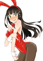 Rule 34 | 1girl, 2023, @ @, animal ears, black hair, black pantyhose, blunt bangs, blush, bow, bowtie, breasts, chinese zodiac, cleavage, cowboy shot, detached collar, embarrassed, green eyes, kurosawa dia, leaning forward, leotard, long hair, looking at viewer, love live!, love live! sunshine!!, medium breasts, mole, mole under mouth, nose blush, pantyhose, playboy bunny, rabbit ears, rabbit tail, red bow, red bowtie, red leotard, simple background, solo, strapless, strapless leotard, sukihiro, tail, white background, wrist cuffs, year of the rabbit